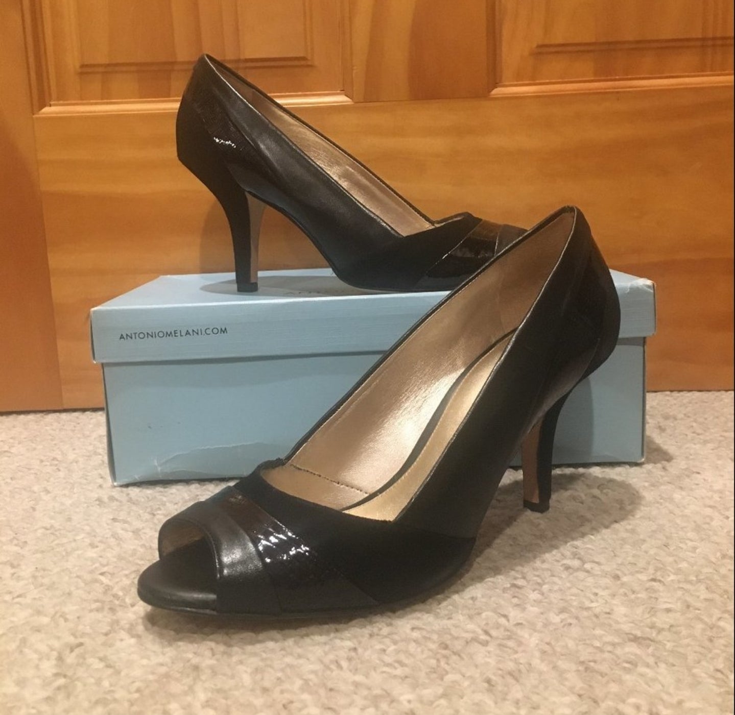 Antonio Melani Black Leather Peep Toe Pumps Shoes