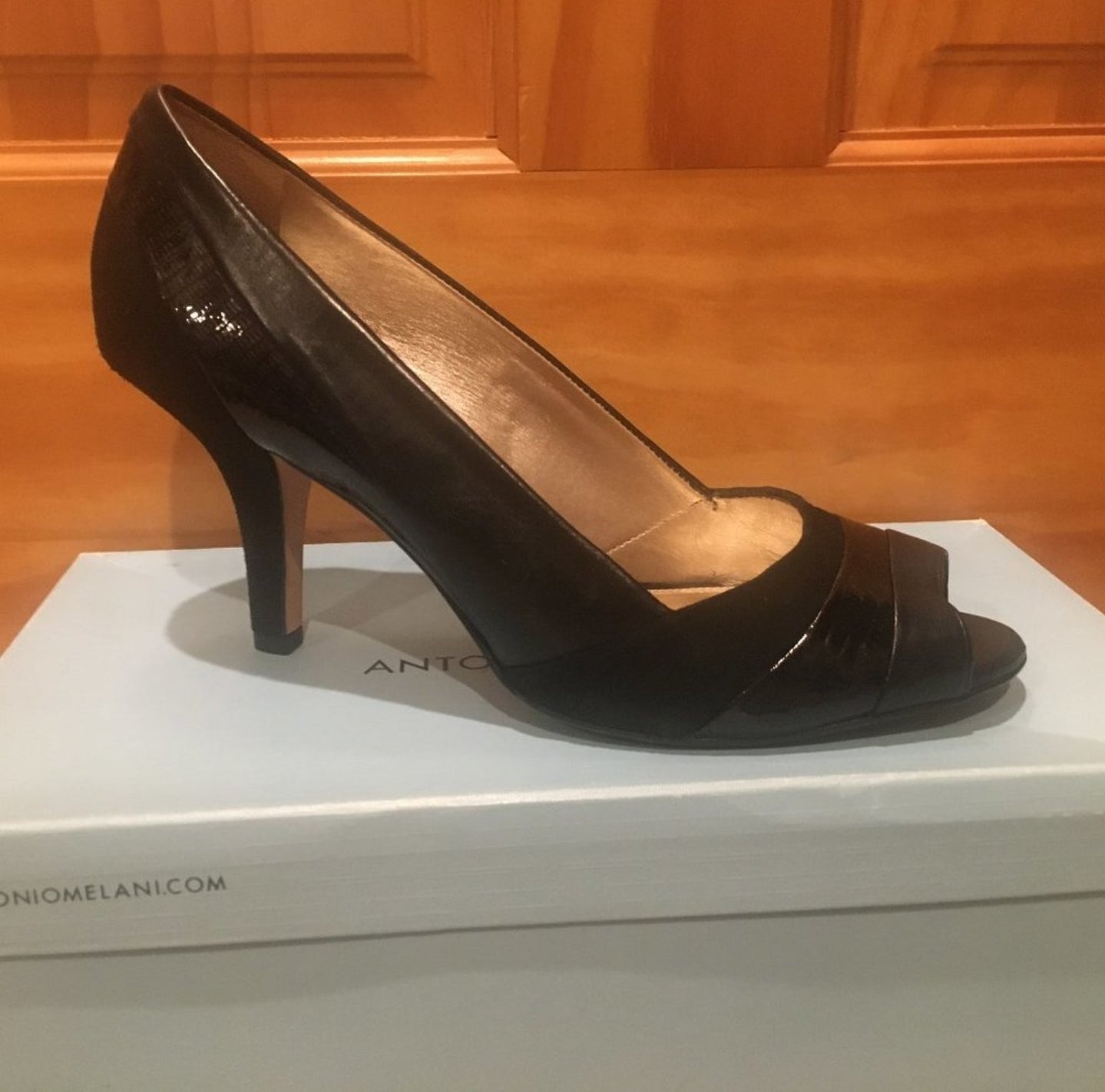 Antonio Melani Black Leather Peep Toe Pumps Shoes